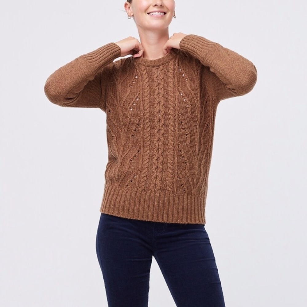 NWT J.Crew Pointelle cable-front sweater Wool Blend Small Brown - Picture 5 of 6